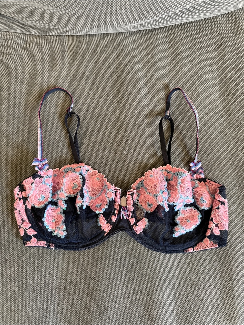 Victoria's Secret Black Lace Balconette Bra with Pink Floral Embroidery. Sz 36c